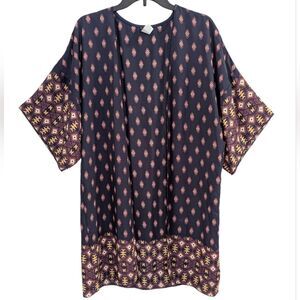I Joah Navy Blue multi southwestern diamond sheer open front kimono womens M